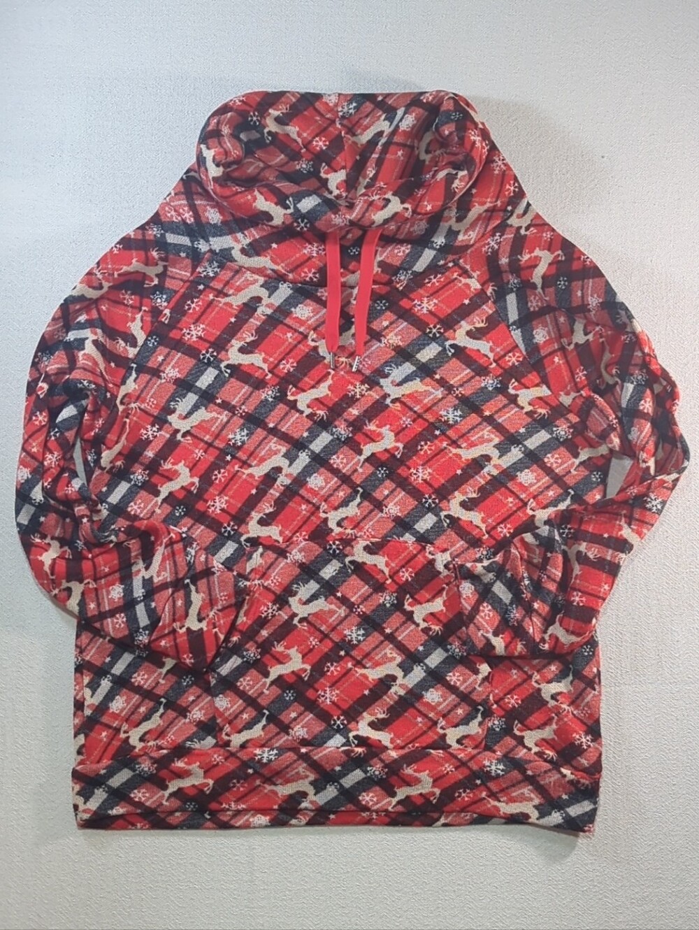 Joyland Red Plaid Reindeer Holiday Sweatshirt Cowl Neck Hoodie Kangaroo Pocket L